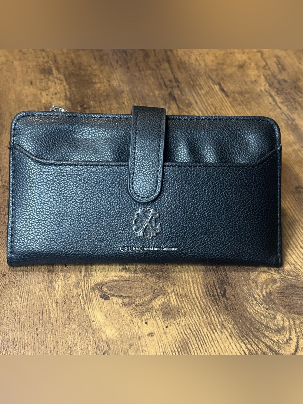 Christian Lacroix Black Pebbled Leather Wallet Clutch with Silver Emblem